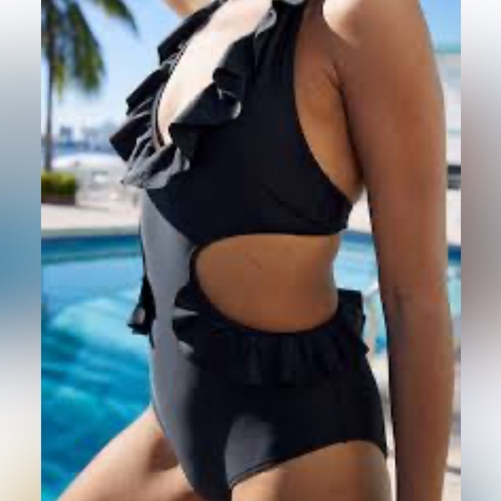 Aerie Ruffle Halter Black One Piece Swimsuit Medium NWT